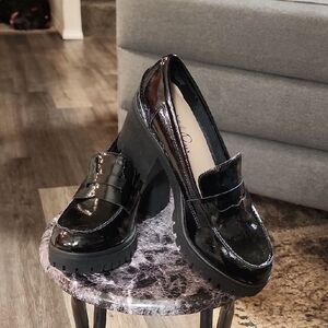 Wild Pair Black Patent Platform Loafers with Chunky Heel. Comfort & Class!